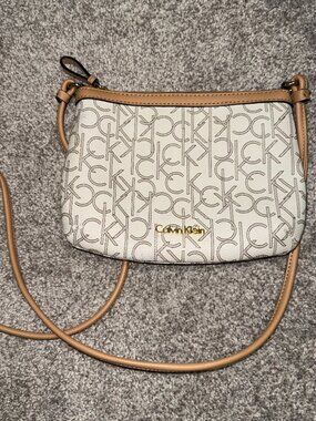 Calvin Klein Mini Handbag Women Beige Tan Monogram Print Crossbody